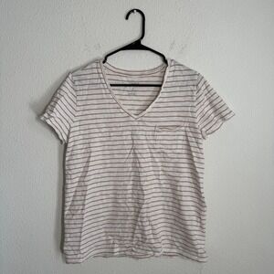 Universal Thread Good Co. T Shirt Womens Large White Brown Striped V Neck Top